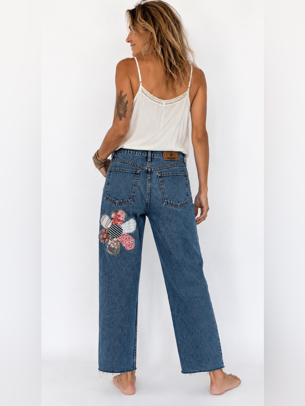 Upcycled Wrangler Blue Floral applique Patchwork Jeans - Picture 2 of 10